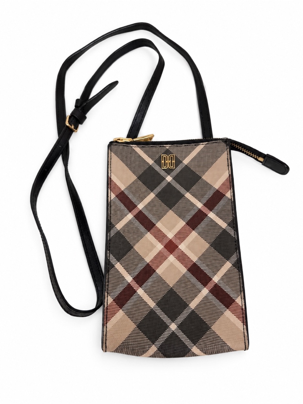 DAKS London House Check Plaid Crossbody Bag Black Leather Phone Pouch